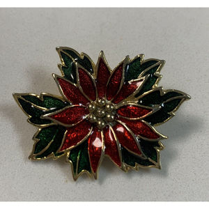 Vintage Christmas Poinsettia Brooch Scarf Pin Signed SFJ Red Green Enamel